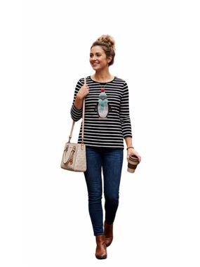 Karen Scott Jolly Penguin Graphic Striped Top - Black & White size S